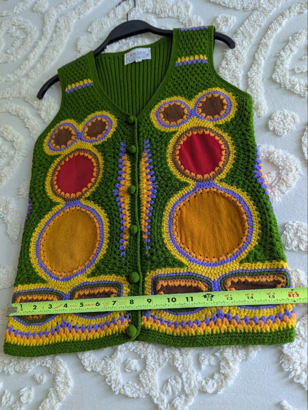 TRUE vintage Aware 1970s Crochet Suede leather Sweater Vest Green 70s Large - Picture 10 of 10